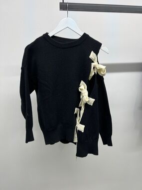 Black Crewneck Sweater with Cutout Cream Bow Tie Accents